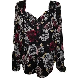 WHBM Floral Double Lined Mesh Ruffle Long Sleeve Top